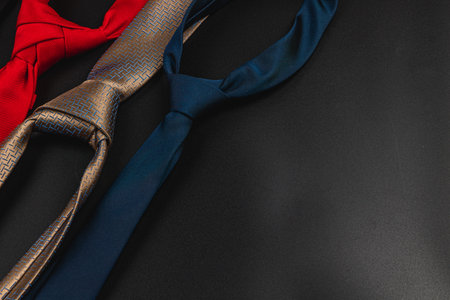 Colorful ties in red, gold, and blue are arranged neatly on a dark surface, perfect for a father's day gift or birthday celebration. This striking display emphasizes style and thoughtfulness.の写真素材