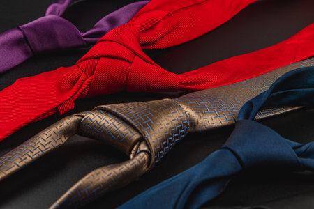 Various ties in different colors are neatly arranged, ideal for gifting on fatherâs day or a birthday. The vibrant colors create a festive atmosphere for celebrating fathers.の写真素材