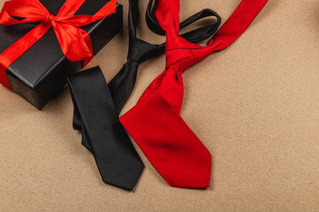 Three stylish ties, black and red, rest next to a beautifully wrapped gift box adorned with a vibrant ribbon. Perfect for father's day or a birthday celebration with loved ones.の写真素材