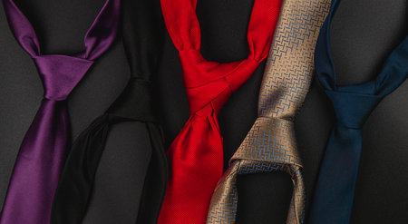 A collection of four stylish ties in various colors including purple, black, red, and gold, perfect for Father's Day or any celebration. Ties are displayed against a dark background.の写真素材