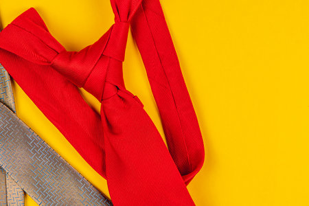 A collection of ties, including a striking red one, laid against a bright yellow background, perfect for celebrating Father's Day or a birthday with a stylish gift.の写真素材
