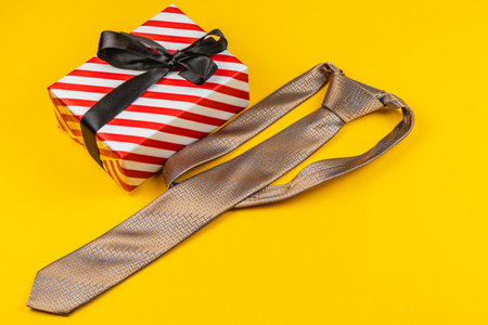 A stylish tie lies next to a beautifully wrapped gift with red and white stripes, making it a perfect choice for celebrating Fatherâs Day or a birthday.の写真素材