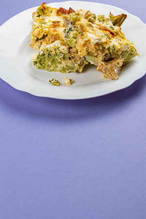 A hearty casserole filled with chicken fillet, broccoli, and creamy garlic sour cream is plated neatly. This dish is perfect for a comforting meal at home, enjoyed any time of day.の写真素材