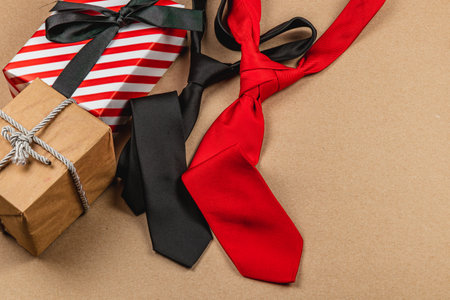 A collection of elegant ties, including black and red, placed beside beautifully wrapped gifts on a neutral background. Perfect for Father's Day or a birthday celebration.の写真素材