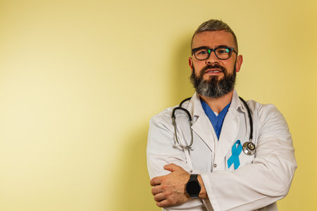 A male healthcare provider wearing white scrubs and a lab coat stands against a light yellow wall. He is smiling, displaying a confident demeanor, ready to assist patients in need.の写真素材
