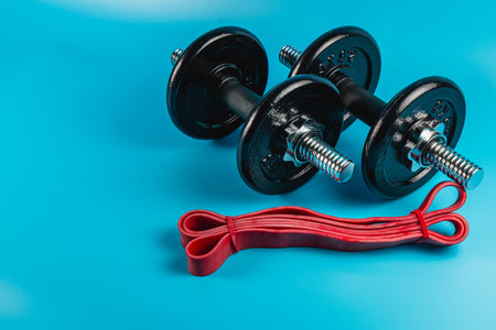 A set of black dumbbells is placed next to red resistance bands on a bright blue surface, showcasing...