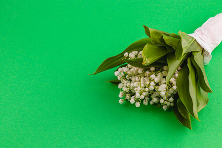 A delicate bouquet of lily of the valley rests on a vibrant green surface, showcasing its charming white flowers and fresh green leaves in a natural arrangement.の写真素材