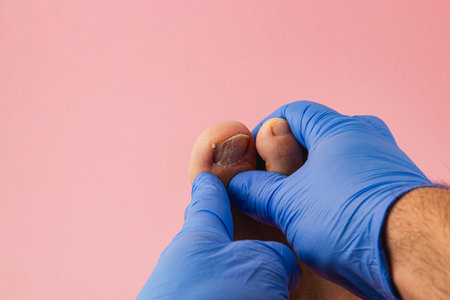 A medical professional in blue gloves is gently examining a patient's toe, focusing on a skin condition while ensuring comfort and care during the treatment.の写真素材
