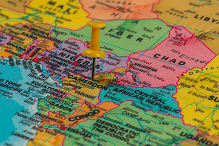 A colorful map details the countries of Africa, prominently featuring Cameroon.の写真素材