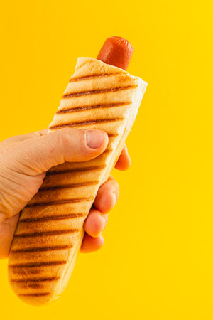 A hand grips a toasted sandwich bun with a hot dog inside against a bright yellow background, showcasing a delicious snack perfect for any occasion.の写真素材