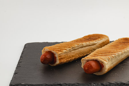 Two grilled hot dogs placed in toasted rolls rest on a dark slate plate. They are prepared simply, ideal for a quick and satisfying snack or meal.の写真素材