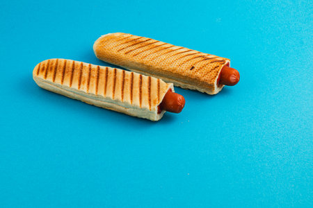 Two grilled hot dogs are nestled in pieces of toasted bread, showcasing a delightful snack against a bright blue background, perfect for summer gatherings.の写真素材