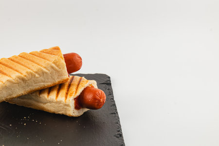 Two grilled hot dogs are placed inside toasted, crispy bread rolls, resting on a dark slate platter, showcasing a savory and appetizing snack.の写真素材