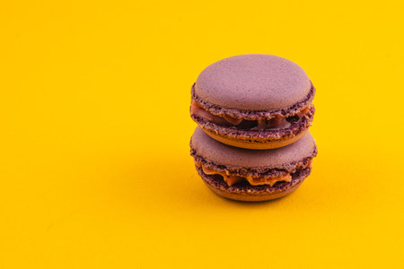 Two layers of chocolate macarons sit stacked against a vibrant yellow background, showcasing their smooth texture and enticing filling.の写真素材
