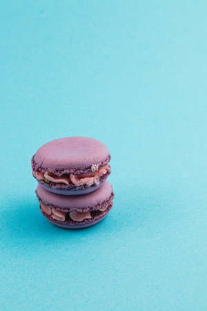 Two purple macarons filled with chocolate cream are neatly stacked against a solid blue background, showcasing their delicate texture and vibrant color.の写真素材