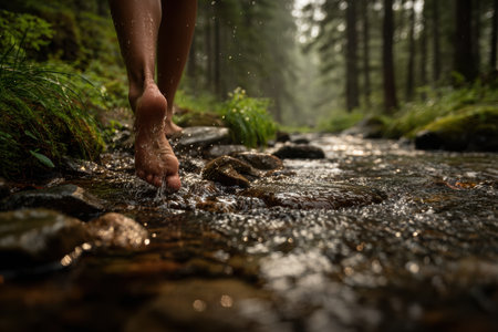 Footsteps create ripples in a pristine shallow creek surrounded by lush greenery. The tranquil atmosphere invites relaxation and connection with nature.の素材