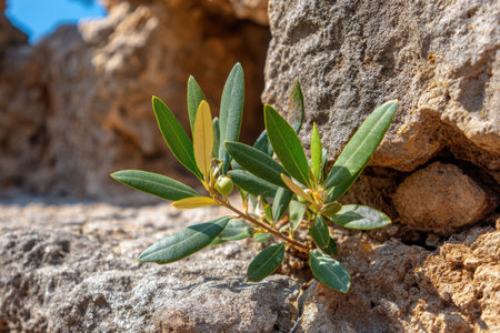 Detailed view of olive tree bark showcasing small green olive shoots emerging from the textured surface in a natural environment under bright sunlight.の素材