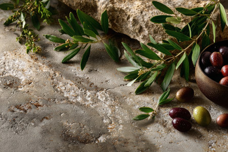 An artistic composition features fresh olive leaves and a variety of olives scattered on a textured stone surface, showcasing their rich colors and natural beauty.の素材