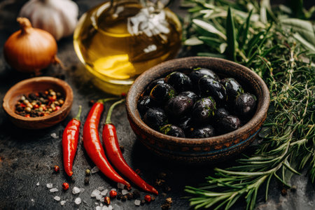 Close-up view of black olives in a ceramic bowl, surrounded by fresh herbs, red chilies, garlic, and olive oil. A vibrant and inviting display for culinary enthusiasts.の素材