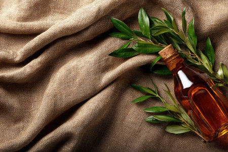 A rustic setting showcases a bottle of olive oil accompanied by fresh olive branches, elegantly presented on a textured linen cloth in warm tones.の素材