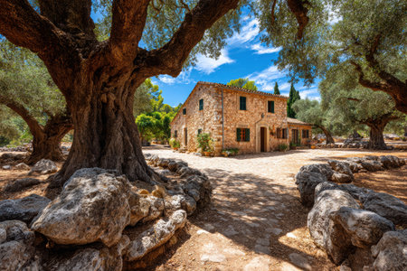 A serene olive farm showcases old olive trees surrounding a charming stone farmhouse, under a clear blue sky. The rustic landscape is tranquil and inviting.の素材