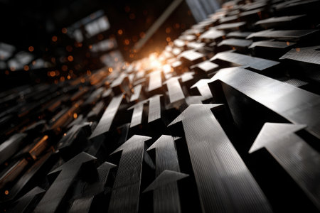 Bars and arrows rise dynamically, symbolizing strong economic growth. The shiny surfaces reflect light, conveying energy and upward momentum in a modern setting.の素材