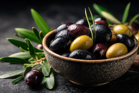 Close-up view of black and green olives displayed in a ceramic bowl, accompanied by fresh olive leaves, showcasing a blend of colors and textures.の素材
