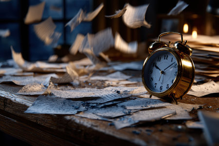 An alarm clock rings amid a flurry of flying papers on a cluttered desk. The motion blur captures the hectic atmosphere and chaotic start to the day.の素材