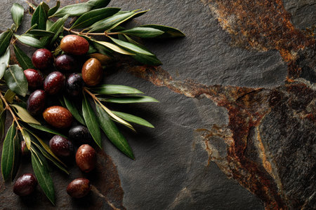 Olive leaves and ripe olives create a natural composition on a dark stone surface, showcasing their rich colors and textures in a harmonious arrangement.の素材