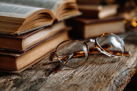 Economic textbooks are stacked on a wooden desk, accompanied by a pair of glasses. The setting suggests a study area filled with scholarly resources and knowledge.の素材