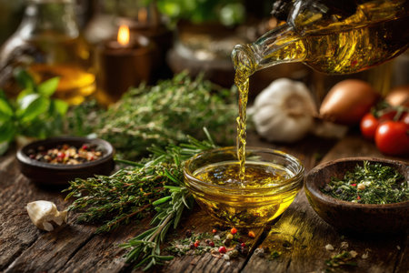 Olive oil cascades from a bottle onto a bowl surrounded by colorful vegetables and fragrant herbs in a rustic kitchen filled with warm natural light.の素材