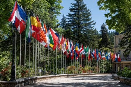 A variety of country flags wave on poles in a sunny outdoor setting, surrounded by greenery and showcasing vibrant colors in a peaceful atmosphere.の素材