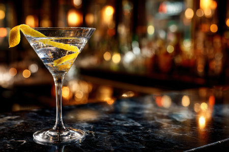 A clear cocktail in a martini glass features a lemon twist, elegantly placed on a reflective black marble bar. Soft ambient lighting enhances the atmosphere.の素材