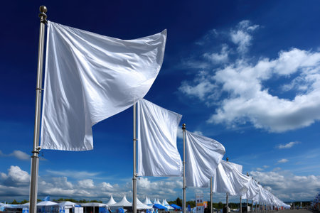Colorful flags line a festive parade route, dancing in the breeze beneath a cloudless blue sky, creating an atmosphere of celebration and excitement.の素材