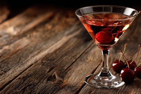 A delicate pink cocktail sits elegantly in a martini glass, garnished with a cherry, resting on a rustic wooden surface, creating a warm and inviting atmosphere.の素材