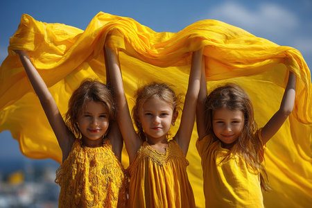 Children are happily lifting a bright yellow flag together under a clear blue sky. Their cheerful faces radiate joy and excitement, celebrating a beautiful day.の素材