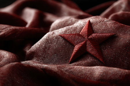 Intricate flag emblem sewn on textured fabric, illuminated by natural light, showcasing the craftsmanship and rich colors of traditional attire.の素材