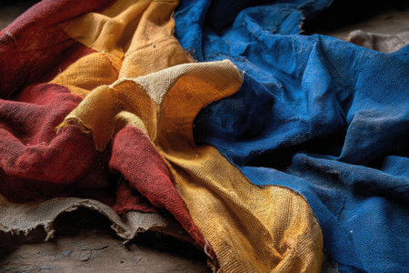 Traditional fabric showcases intricate textures and rich colors illuminated by natural light, highlighting a vibrant flag pattern woven into the material.の素材