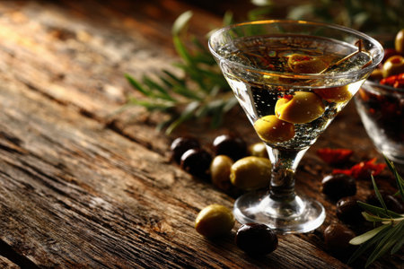 A perfectly mixed classic martini sits gracefully in a glass, garnished with skewered olives, resting on a vintage wooden table with warm lighting.の素材