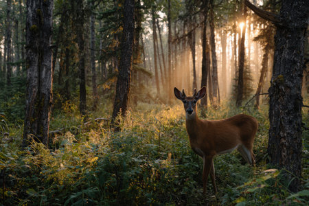 A solitary deer stands gracefully in a sunlit forest clearing at dawn, surrounded by trees and soft undergrowth, as golden rays filter through the leaves.の素材