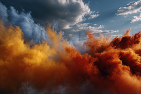 Rainbow-colored smoke clouds fill the air at a lively festival, creating a dynamic and festive environment under a bright sky, enhanced by the motion blur effect.の素材