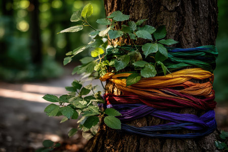 A majestic tree is wrapped in vibrant rainbow fabric bands, as sunlight filters through the lush green leaves, celebrating diversity in a serene forest environment.の素材