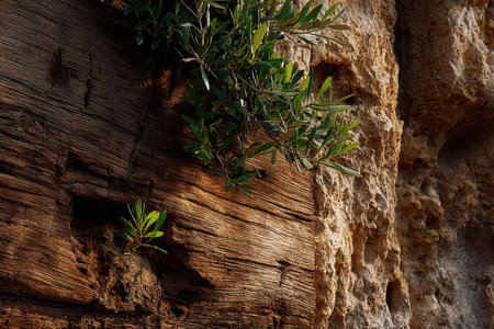 Rough textured trunk of an olive tree glows in the soft early morning light, showcasing vibrant green shoots emerging from its surface against a weathered backdrop.の素材
