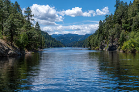 This serene lake, bordered by lush pine trees and majestic mountains, reflects a clear blue sky, inviting relaxation and contemplation in nature's beauty.の素材