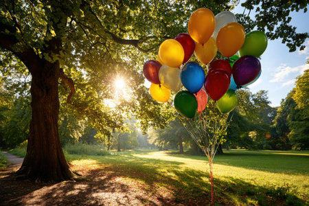Bright rainbow balloons hover in a serene park under gentle sunlight. Soft clouds create a peaceful atmosphere among the trees and grassy paths.の素材