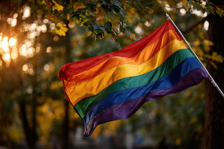 A rainbow flag flutters gracefully in the wind on a sunny day, set against a backdrop of soft bokeh and vibrant colors, capturing a moment of joyful celebration.の素材