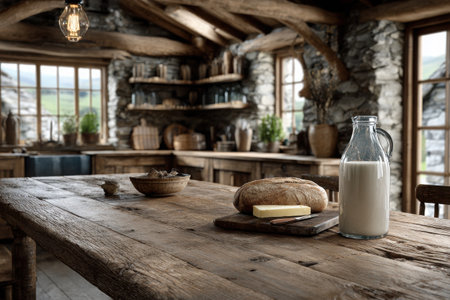 A cozy farmhouse kitchen displays a wooden table with a glass bottle of fresh milk and homemade butter, showcasing rustic charm and simple comforts of country living.の素材