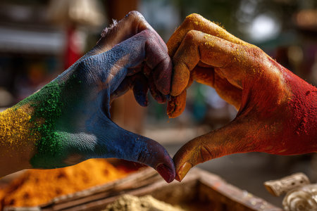 Close-up of two hands painted in vibrant rainbow colors, creating a heart shape. The natural light enhances the lively hues against a blurred background.の素材