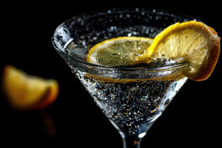 Close-up view of a crystal martini glass filled with a clear cocktail. The glass is adorned with a lemon twist and shows condensation, creating a refreshing vibe.の素材