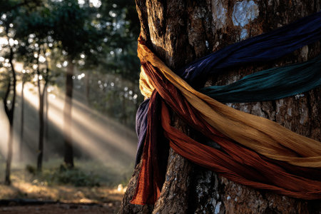Sunlight streams through leaves, illuminating a serene forest where a tree proudly displays rainbow fabric bands, symbolizing unity and diversity.の素材